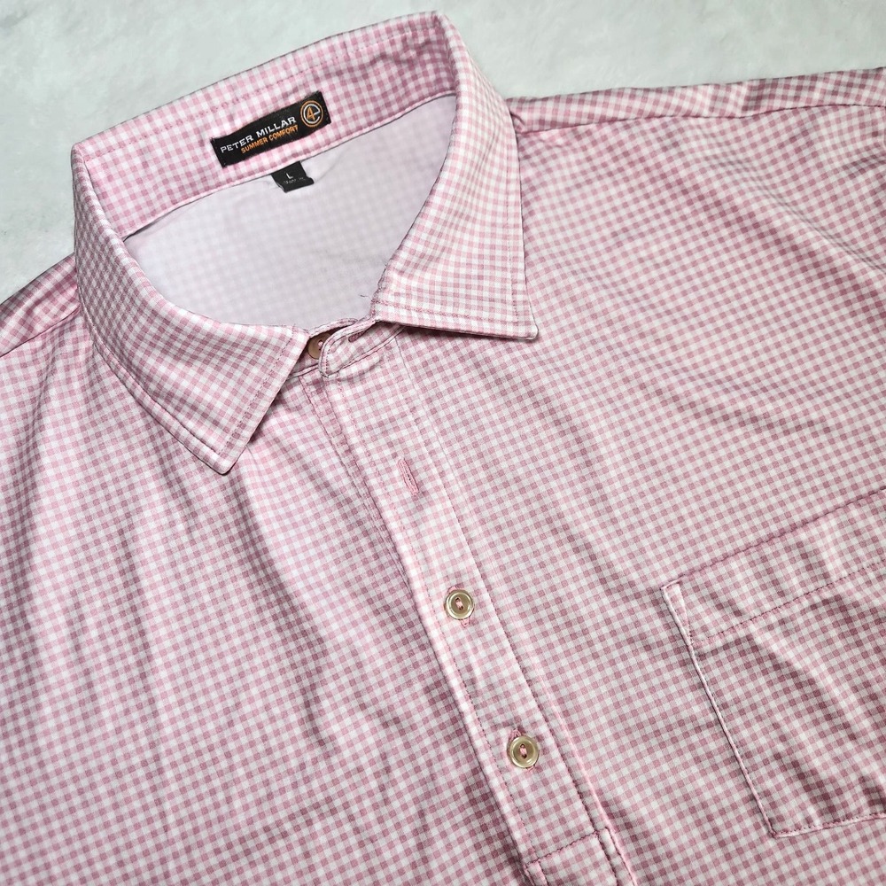 Peter Millar Polo Shirt Mens Large Pink Check Summer Comfort Performance Golf